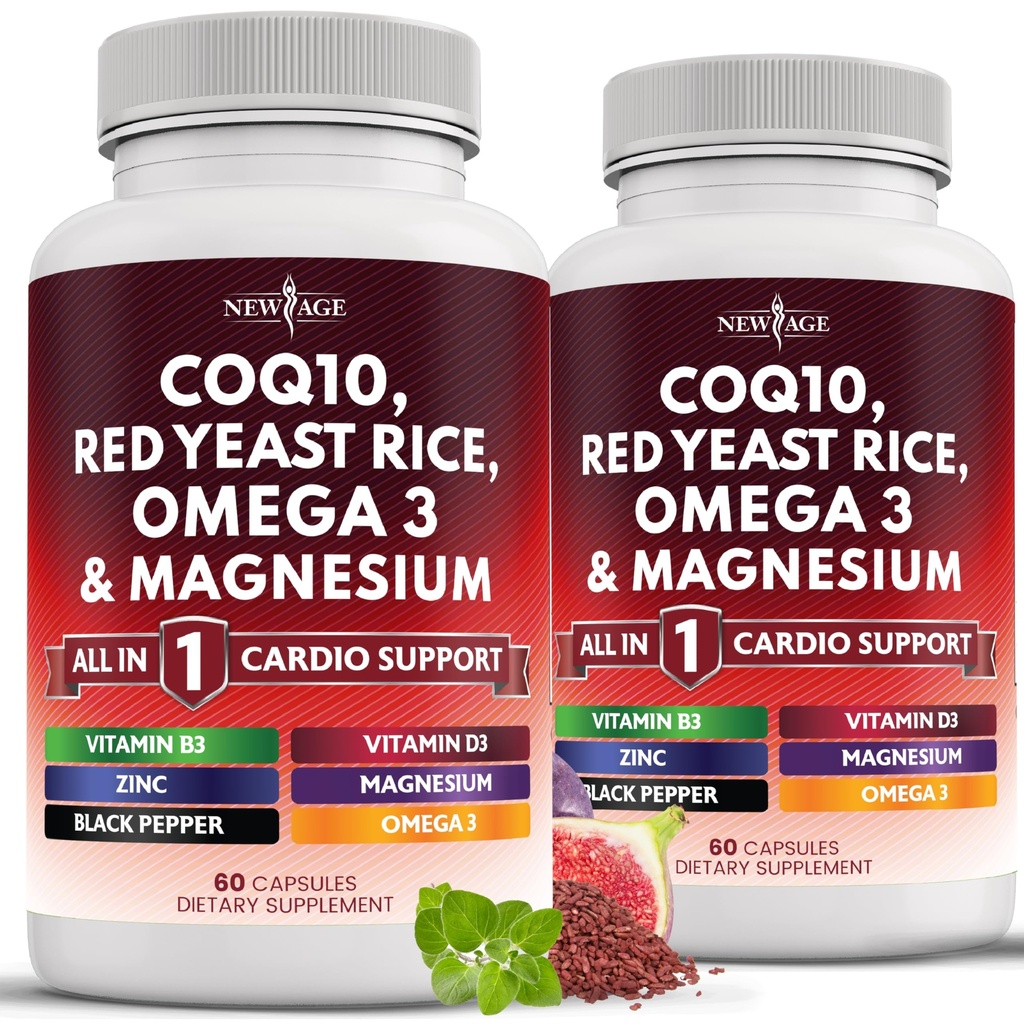 새로운 AGE COQ10 200mg 빨간 효모 밥 3000mg 오메가 3-6-9 3000mg 마그네슘 복합 500mg 아연 비타민 K2 D3 - 비타민 B3, 코엔자임 Q10-120 조사를 가진 여자와 남자를 위한 비타민