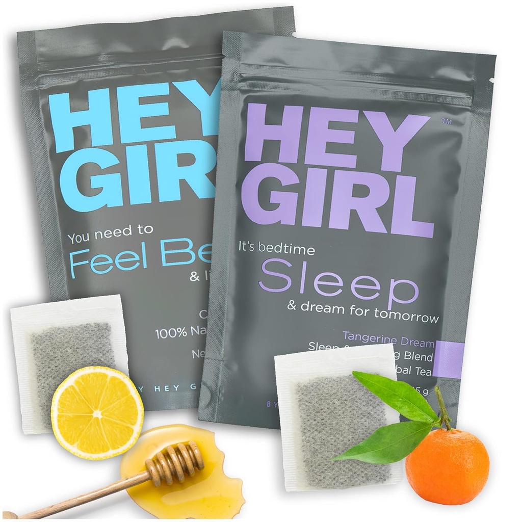 Hey Girl Sleep + Feel Better Tea Bundle - 수면 차 w/Chamomile, Valerian Root & Lemon Balm in Tea Bags + Echinacea, Elderberry, 비타민 C를 가진 더 나은 초본 차 느낌