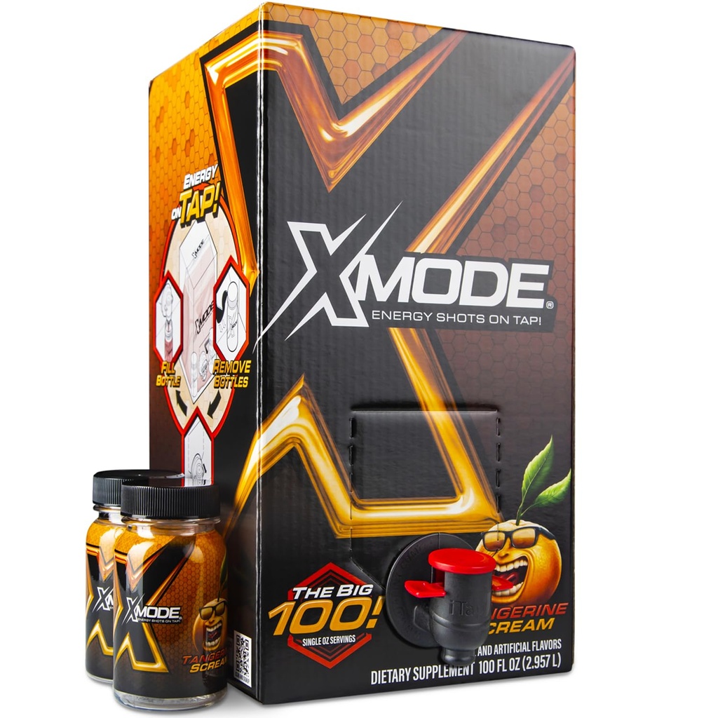 XMODE Extra Strength Energy Shot on Tap - Tangerine flavor, Sugar Free, 150mg Caffeine per oz, B12, 100 (1oz) 서빙, 디스펜서 2 Refillable Bottles