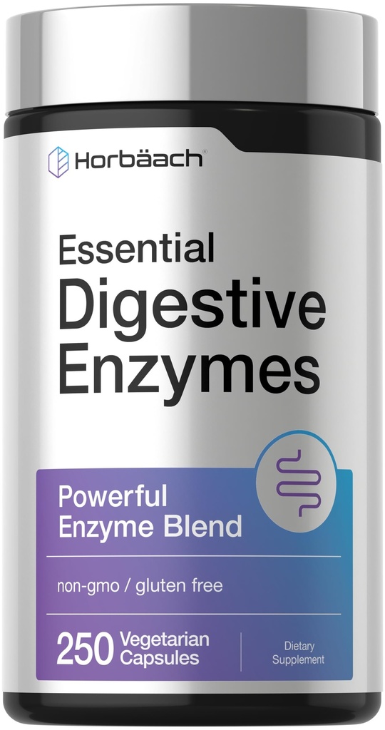 Horbäach Essential Digestive Enzymes | 250 캡슐 | 남성용 강력한 효소 혼합 | 비 GMO 및 글루텐 무료 보충