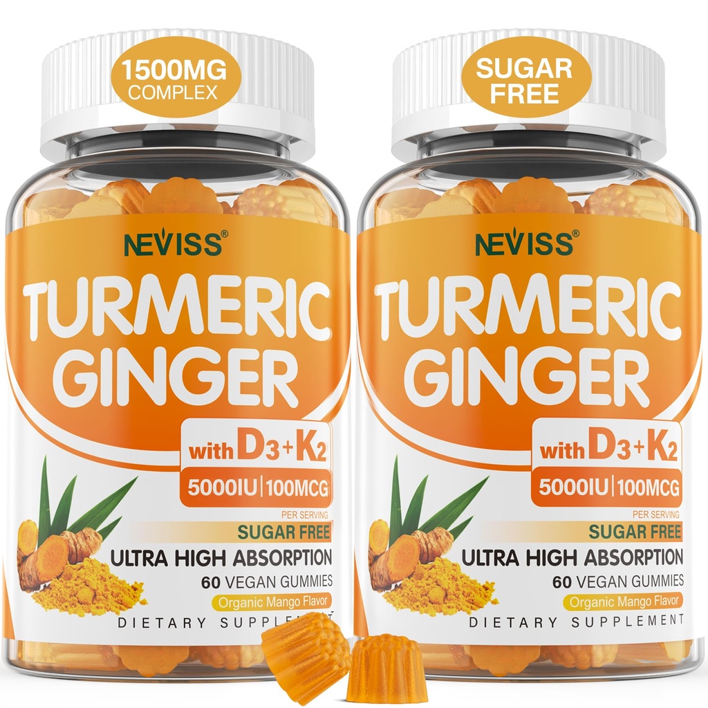 설탕 5000 IU 비타민 D3 & K2 (MK7), C를 가진 자유로운 심황 생강 Gummies - 까만 고추를 가진 성인 1500mg, 지원 뼈, 면역성 & 소화성 건강 - 120 Cts를 위한 채식주의자 심황 보충교재