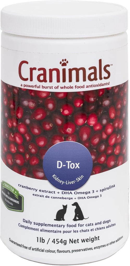 Cranimals D-Tox Daily Multivitamin for Dogs, Superfood Amino Acids, 산화제, DHA Fatty Acids, 비타민 E, B, D, Biotin, 미네랄을 지원 대사 기능, 에너지, 애완 동물 웰빙, Longevity