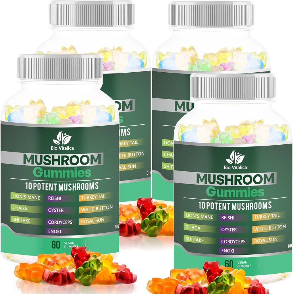 BIO VITALICA Mushroom Gummies – 사자 Mane, Reishi, Chaga, Cordyceps & More – Fruity Vegan Gummies – Non-GMO, 글루텐 프리, 플랜트 기반 – 4 팩
