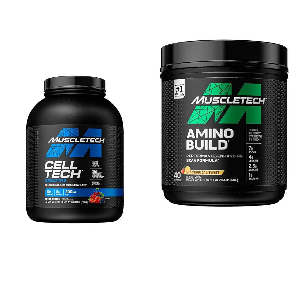 MuscleTech 크레아틴 Monohydrate 분말 세포 기술 크레아틴 분말 | 포스트 운동 회복 음료 & BCAA 아미노산 + 전해질 분말, 아미노산 구조, BCAAs의 7g + 전해질