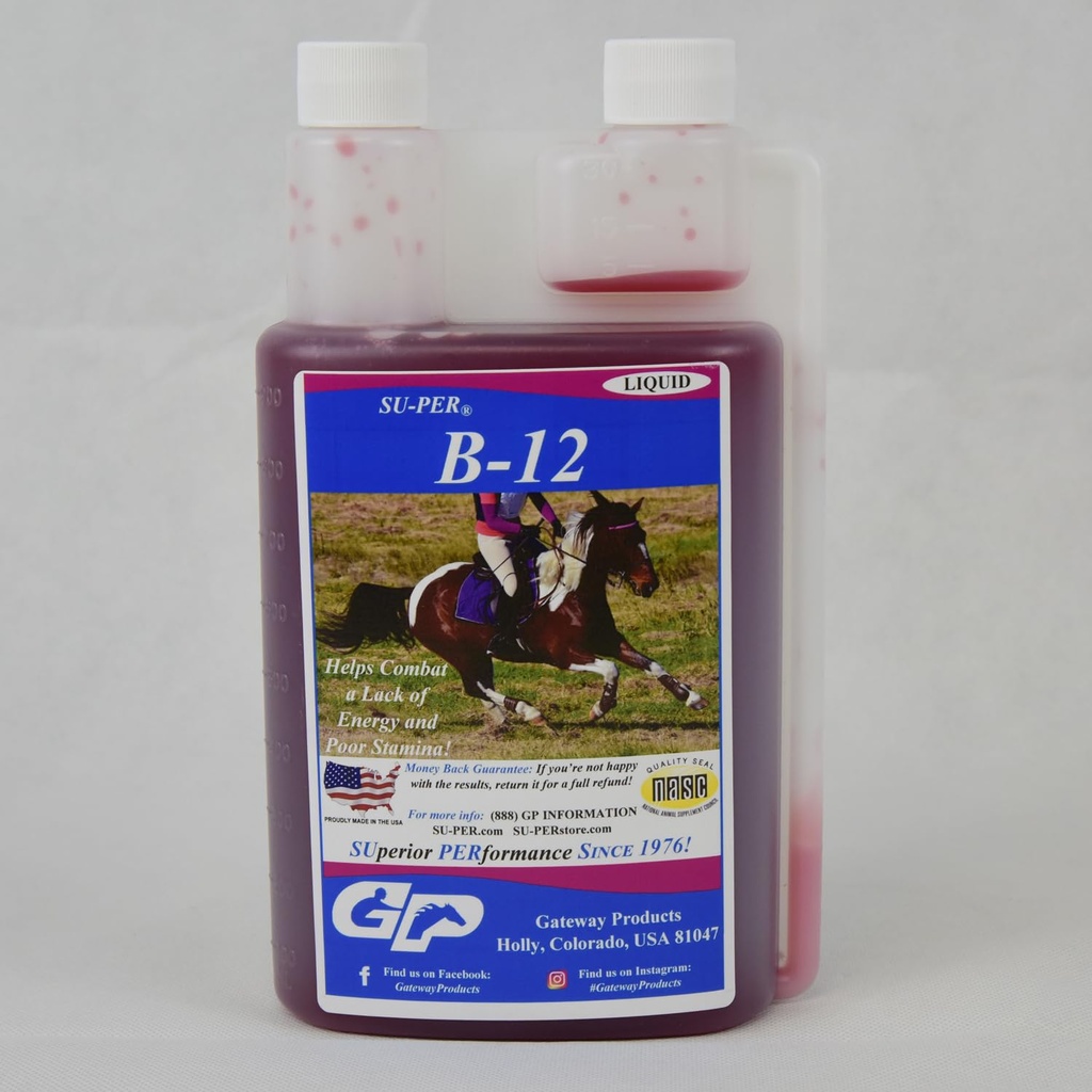 SU-PER B-12 에너지 말 보충교재 - Equine 비타민 B-12 & B-9 Folic 산성 지원 액체 - 최고 성과를 위한 빨간 혈액 세포 생산 & stamina 지원 - Quart, (2 팩)