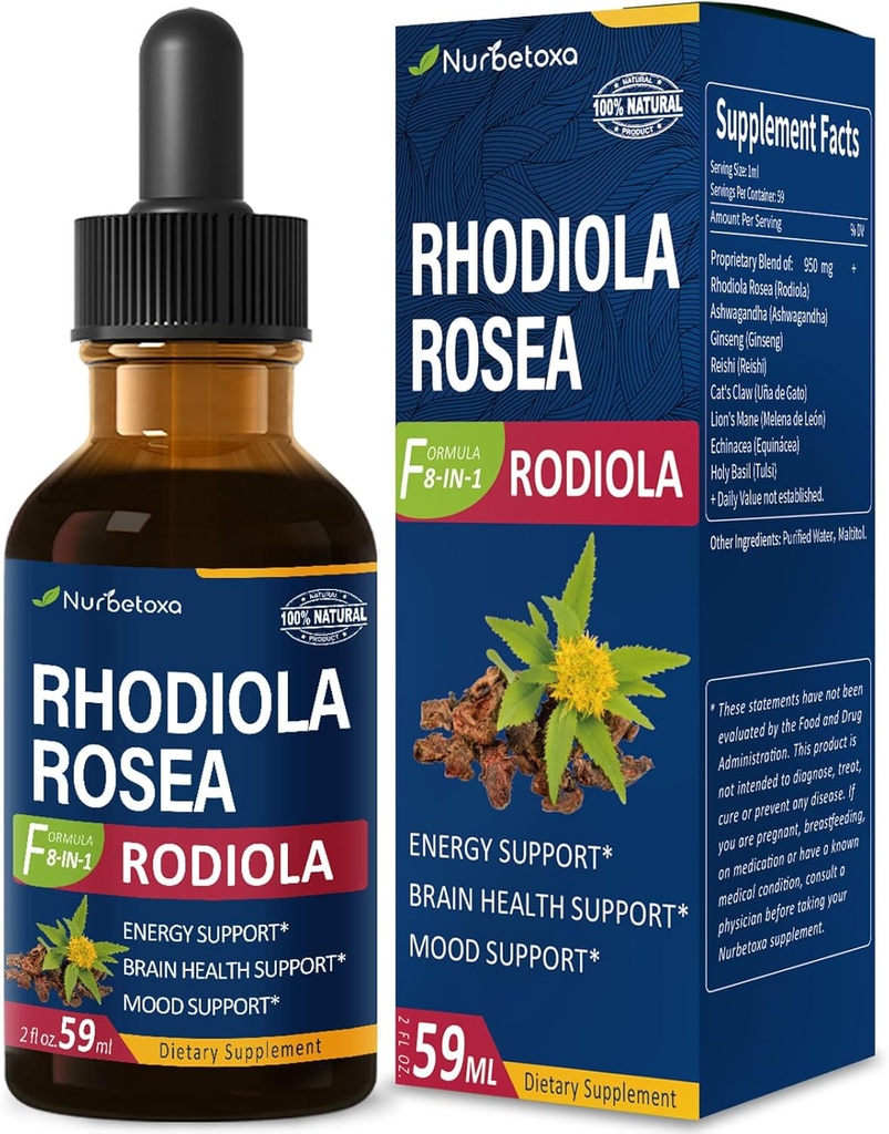 Rhodiola Rosea (Rodiola) 추출물 드롭, 천연 Adaptogen Supplement / W Ashwagandha, Ginseng, Holy Basil, & Echinacea for Energy, 두뇌 건강, Immunty & Mood Support. 2oz