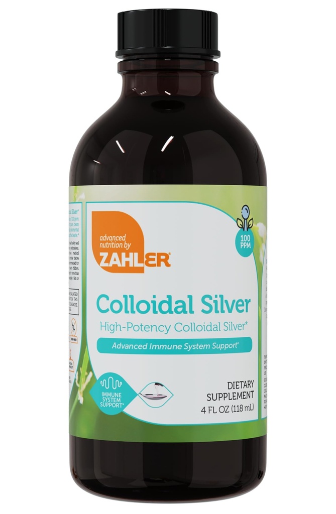 Zahler Colloidal Silver Liquid - 고급 면역 지원 및 일반 건강 - 100 PPM Bio-Active Liquid Silver Colloidal Liquid - Kosher Vegetarian Non-GMO Structured Colloidal Silver Water (4 fl oz)