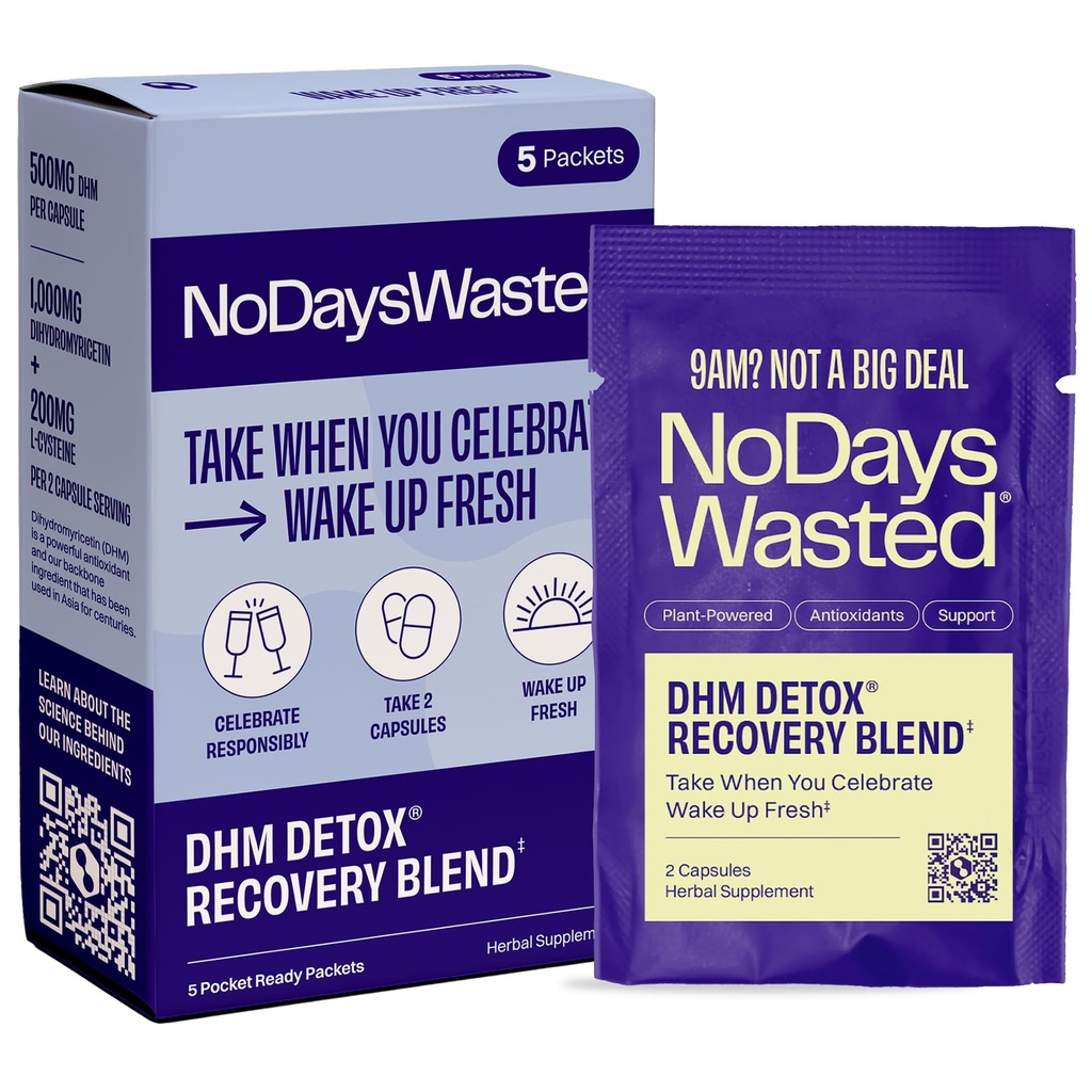 NO Days Wasted DHM Detox 5 휴대용 서빙 - DHM (Dihydromyricetin Supplement) 및 비타민의 최적화 된 혼합을 통해 더 나은 다음 날과 회복을위한 저녁 식사