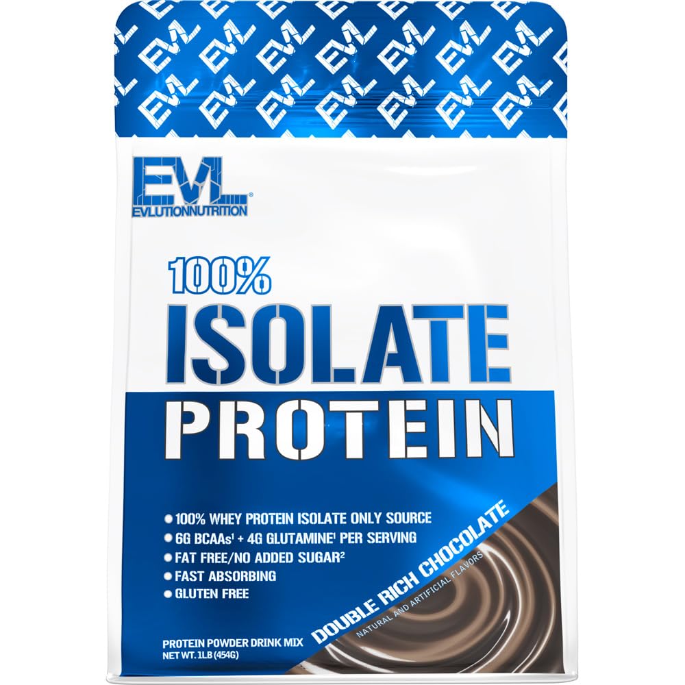 Evlution Nutrition 100 % Isolate, Whey Isolate Protein Powder, 25 G의 빠른 흡수 단백질, 설탕 추가, 저탄소, 글루텐 프리 (더블 리치 초콜릿, 1 LB)