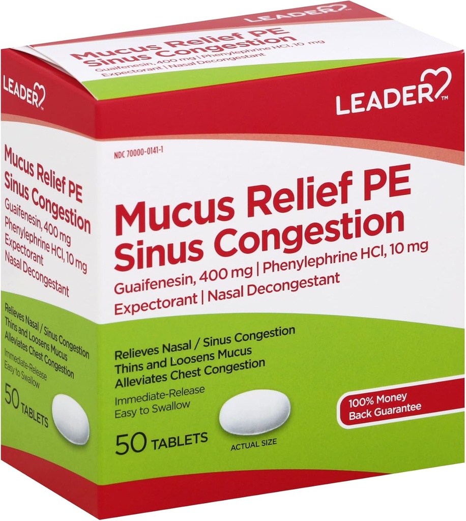 리더 Mucus 구호 PE Sinus 혼잡, 기대; Nasal Decongestant, 얇은 및 Loosens Mucus, Immediate-Release, Alleviates 가슴 혼잡, 50 정제