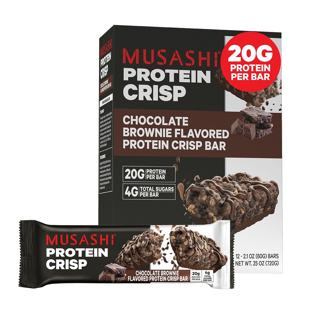 MUSASHI Protein Crisp Bar, 20g Protein, 4g 총 설탕, 초콜릿 브라운, 포스트 운동 및 간식 이동, 2.1oz (60g) 바의 12 팩