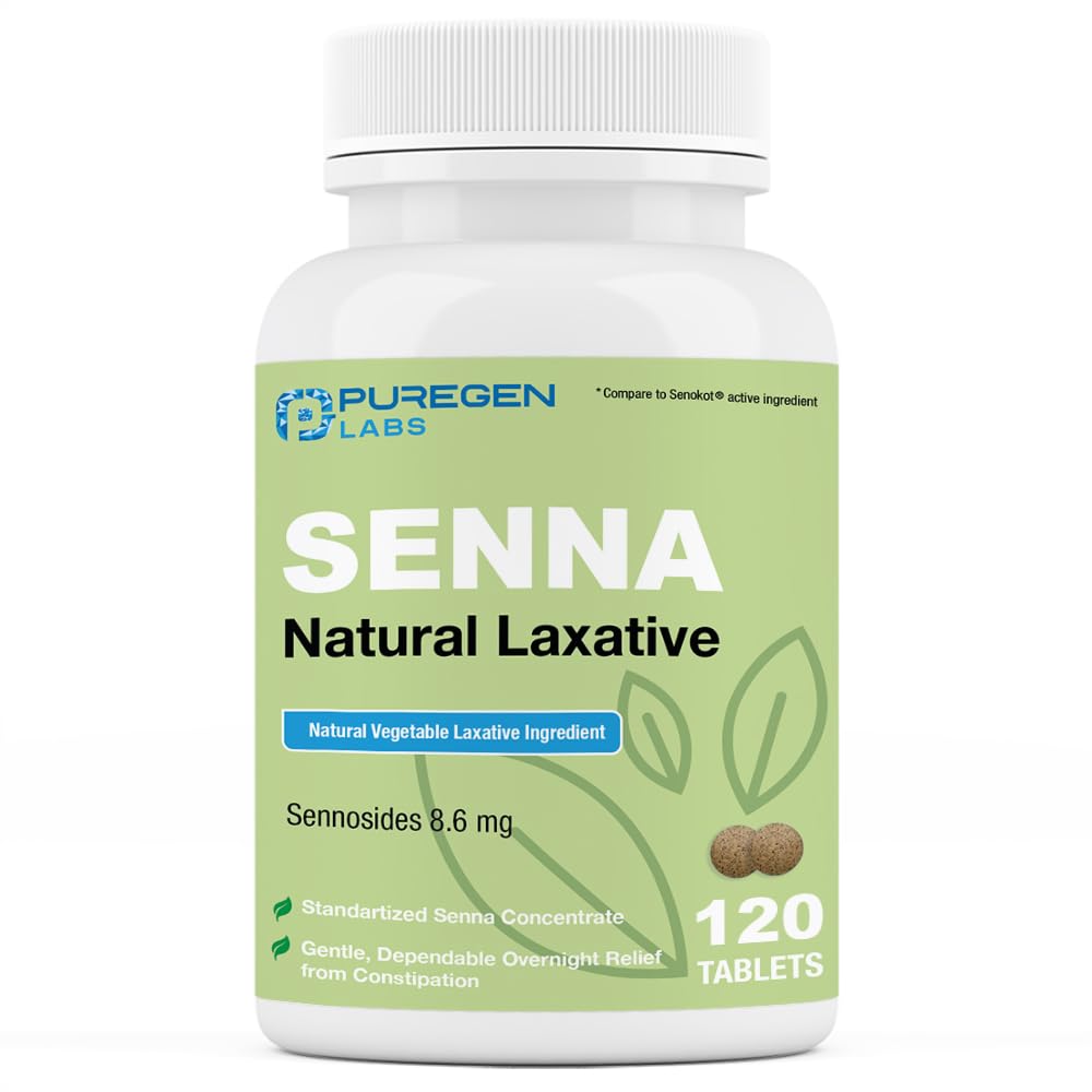 Puregen Labs Senna 8.6 mg 정제 (120 카운트) - 변비, Bloating, 가스, 불규칙성 구호를위한 천연 Sennosides 야채 Laxative