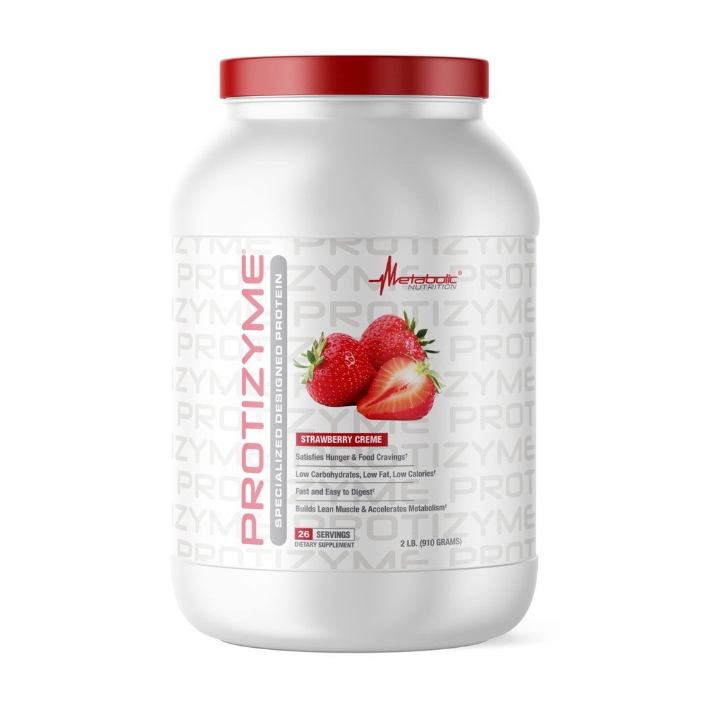 대사 영양 | Protizyme | 100 % Whey Protein Powder | 고단백, 저탄소, 소화 효소, 24 필수 비타민 및 미네랄이 함유 된 저지방 | Strawberry Creme, 2 파운드