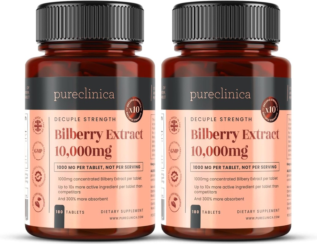 Pureclinica Bilberry Extract 10,000mg x 360 Tablets (2 병) - 10 X 대부분의 기타보다 태블릿 당 Anthocyanidins - 5mg Black Pepper Extract 300% 증가 흡수