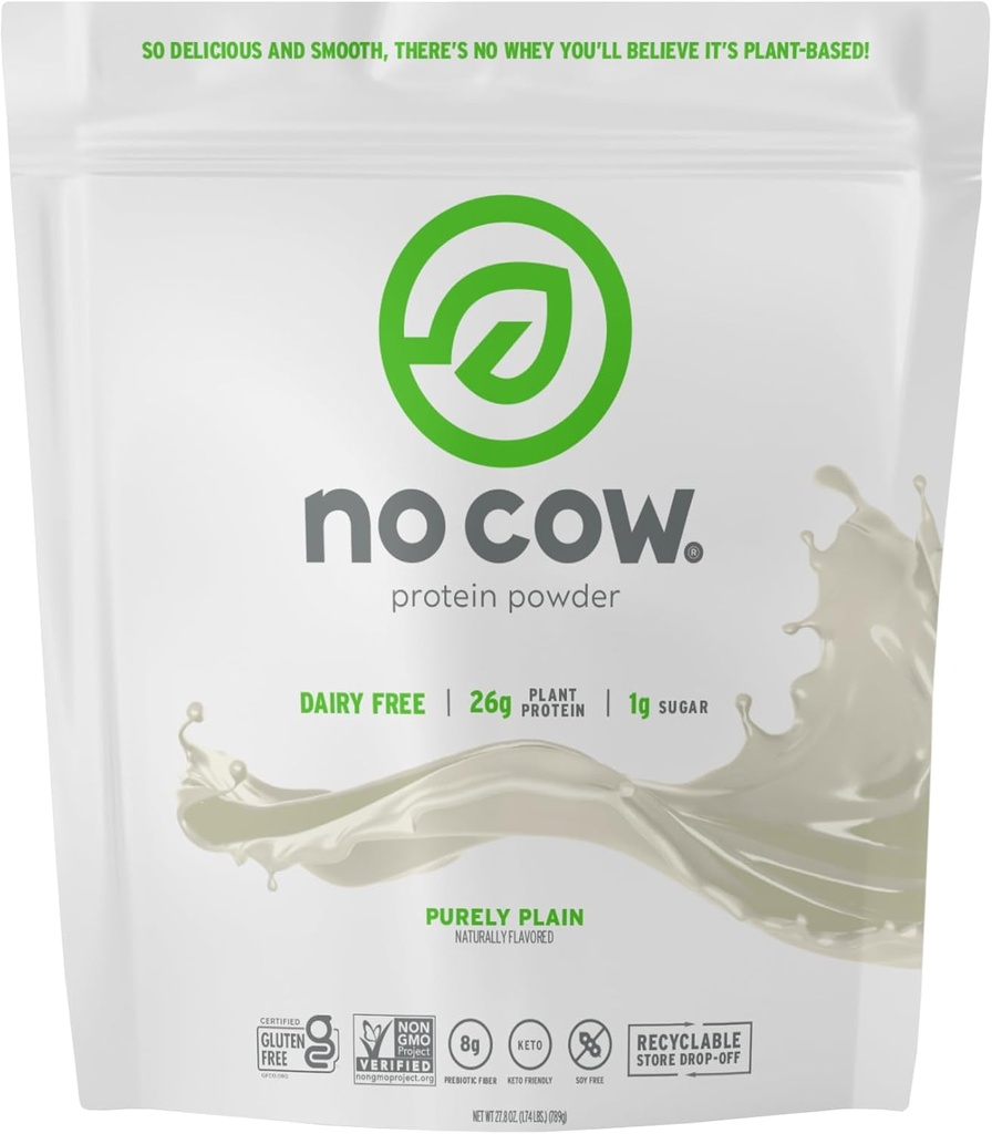 Cow Vegan Protein Powder, Purely Plain, 26g Plant Based Protein, Recyclable Bag, Dairy Free, Soy Free, No Sugar 추가, Keto Friendly, Gluten Free, Naturally Sweetened, Non GMO, Kosher, 1.74 Pound