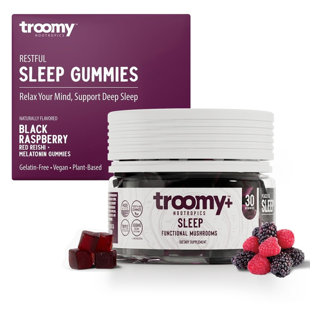 Troomy Sleep Reishi + Melatonin Great Tasting 버섯 Gummies - 편안한 수면 지원 - 검은 딸기 - 30 개