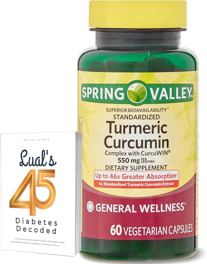 Spring Valley Turmeric Curcumin Supplement Bundle with Lual's 45 Diabetes Decoded | CurcuWin | Dietary Supplement | 550 mg, 60 캡슐