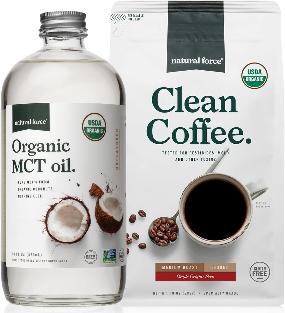 Natural Force Organic Ground Clean Coffee + Organic MCT Oil Bundle - 100 % 순수 코코넛 MCT & Mold & Mycotoxin 무료 커피 - 비 GMO, Keto, Paleo 및 Vegan - 10 Oz Bag 및 16 Oz Glass Bottle