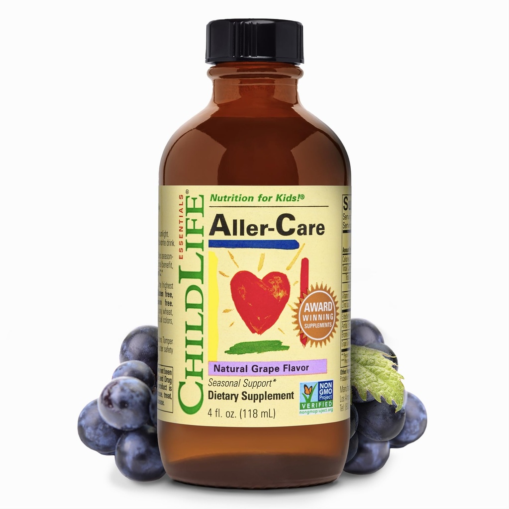 CHILDLIFE ESSENTIALS Aller-Care - 아이 & 유아를 위한 자연적인 포도 기복, Elderberry, Bromelain, 비타민 C를 가진 계절 지원 - 면역 부스트 공식, 4 Fl Oz