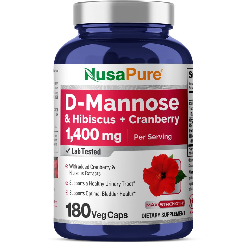 NusaPure D-Mannose Complex 1400 mg (히비스커스와 크랜베리 포함) - 180 Veggie 모자.
