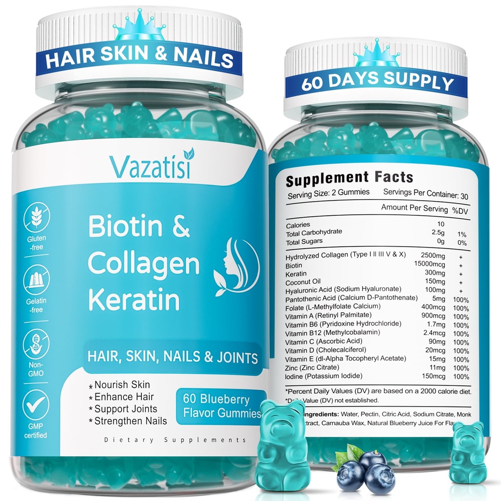 2 팩 Biotin Gummies with Collagen & Keratin for Hair Skin Nails- Women Men, Kids - 120 블루 베리 맛 Gummies