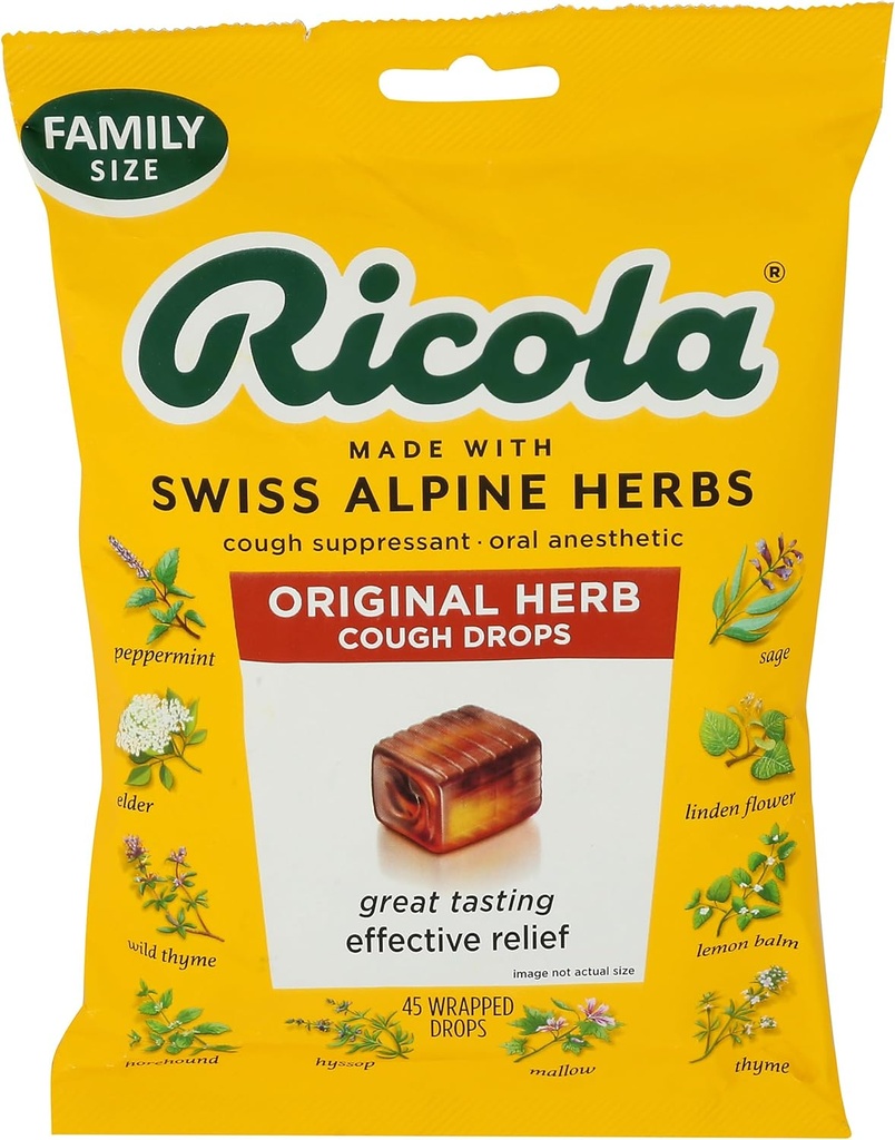 Ricola Original Herb Cough Drops, 45 Count, Cough Suppressant & Throat Relieving Drops with Naturally Sourced Menthol, Coughs & Throat Irritation Symptom의 초본 맛