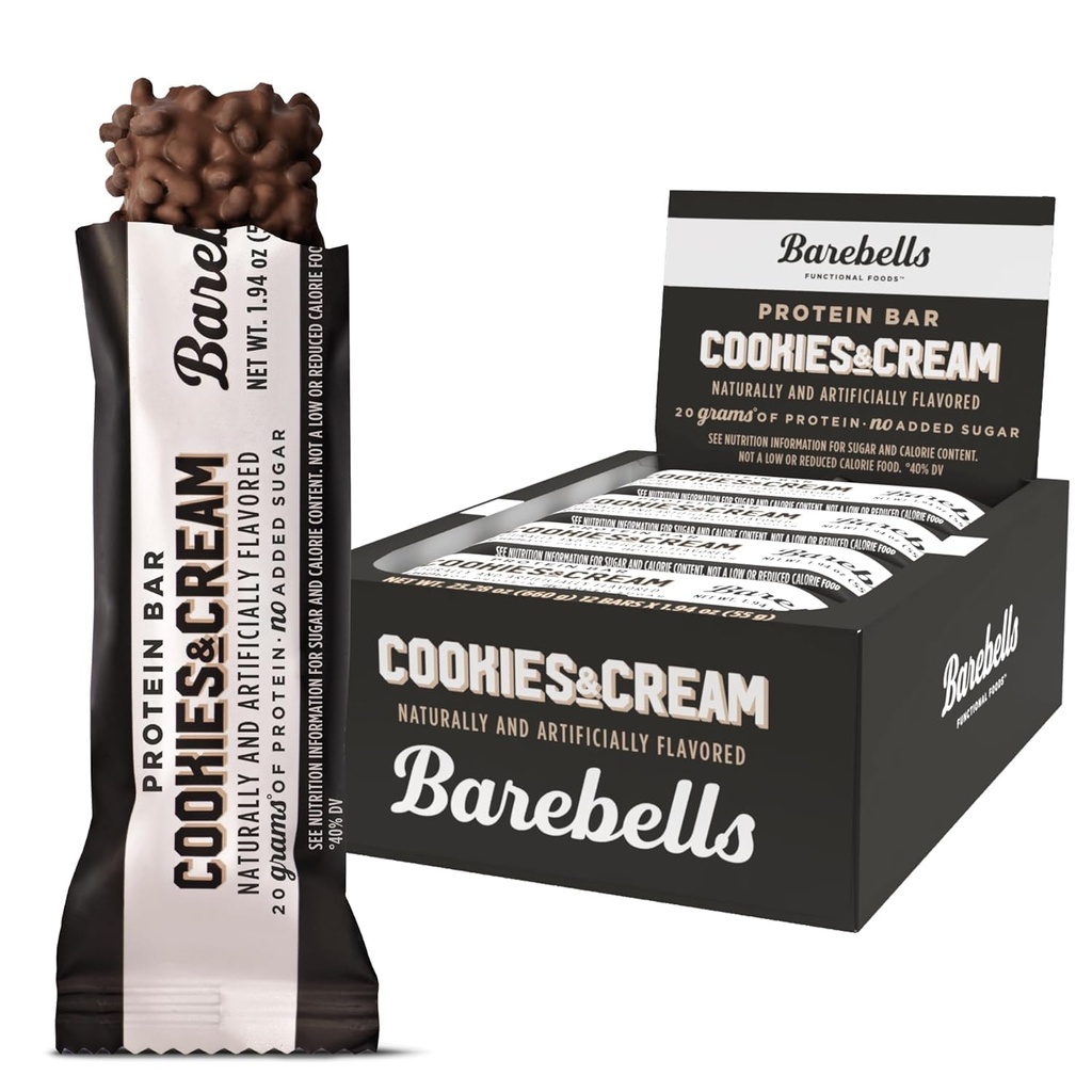 Barebells Protein Bars Cookies & Cream - 12 Count, 20g High Protein Treats - 1g Total Sugars가있는 초콜릿 영양 바 - On-The-Go Breakfast 또는 Post-Workout Snack
