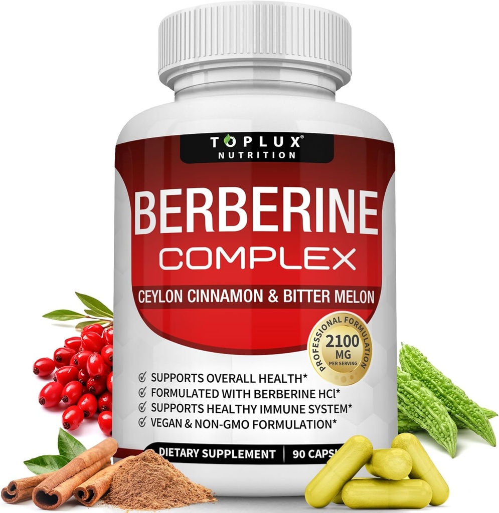 Ceylon Cinnamon 및 Bitter Melon 2100mg을 가진 Toplux Berberine - 높은 순수성 97% HCL Berberine 보충교재, 지원 전반적인 건강 & 면역 체계, 비 GMO Vegan 90의 캡슐
