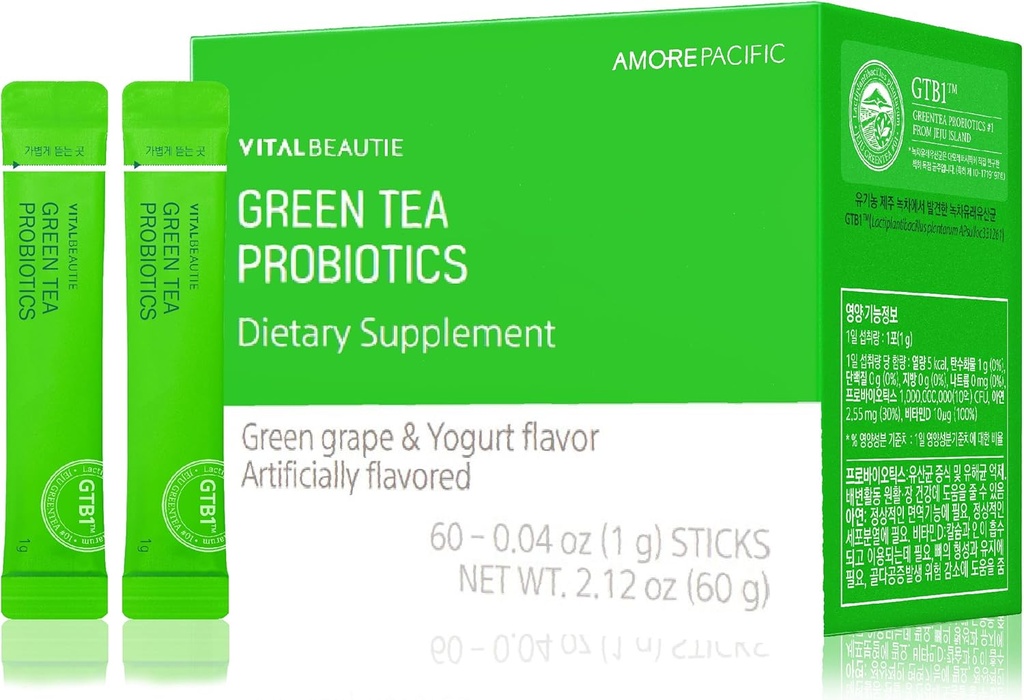 VITALBEAUTIE Green Tea Probiotics (Plant-Sourced Probiotics)는 AMOREPACIFIC Korea Acidophilus Probiotic - 60 스틱에 의해 구트 건강에 대한 비타민 D 및 아연을 함유하고 있습니다.