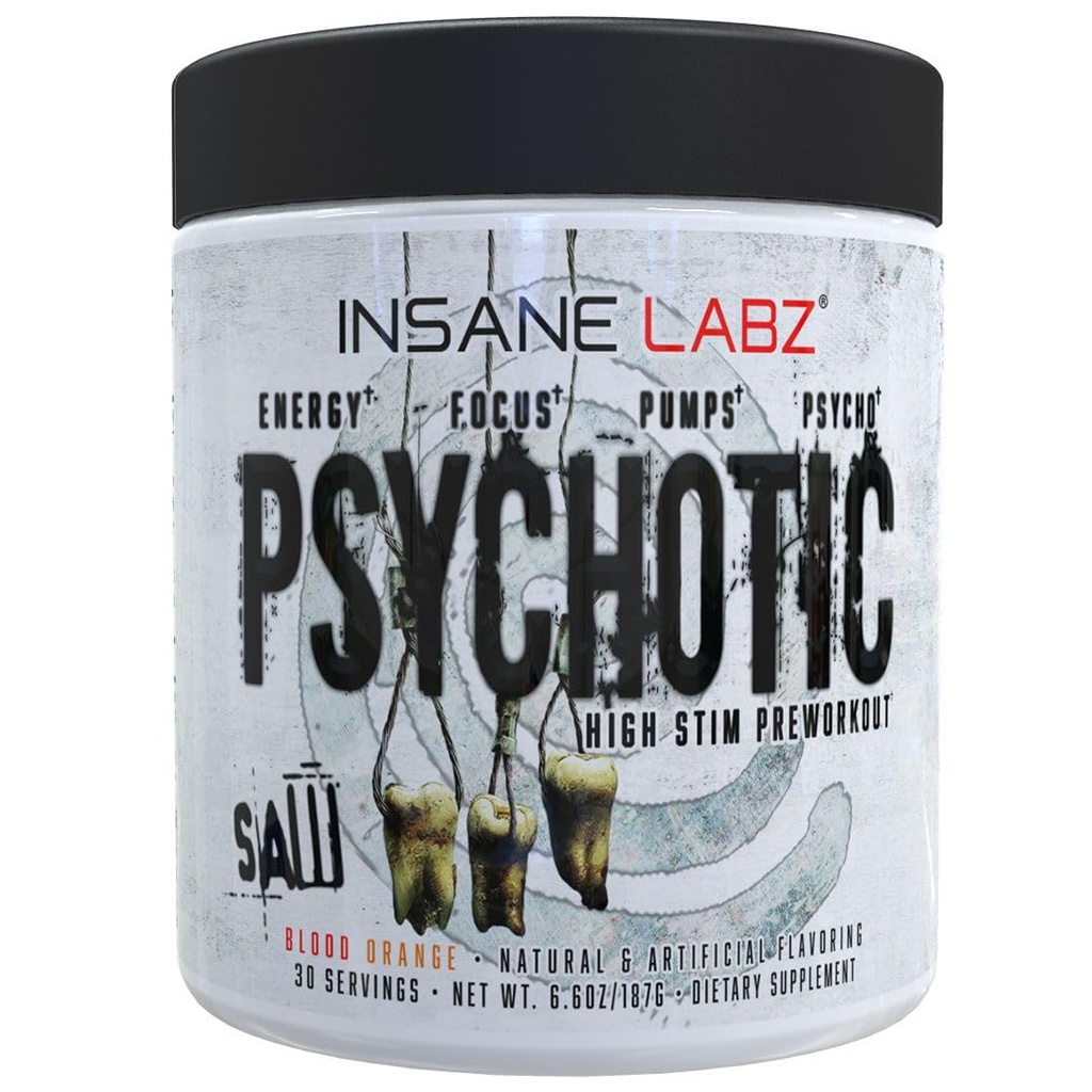 Insane Labz Psychotic 톱, OxyGold-TM 및 AMPiberry®, Teacrine®, CognitIQ® 및 Endurance (30 서빙, 혈액 오렌지)와 함께 CognitIQ® 및 Endurance (30 서빙)와 Focus를 가진 Extreme Lasting 에너지
