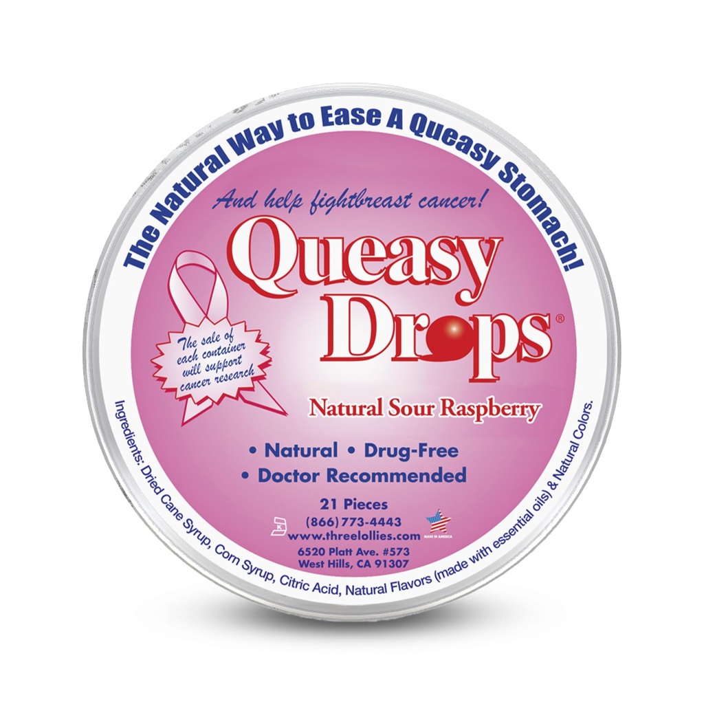 3 Lollies Queasy Drops - Sour Raspberry flavor - 여행 Sickness & Nausea Relief, Soothes Stomach & Dry Mouth, 천연 성분 - 21캐럿