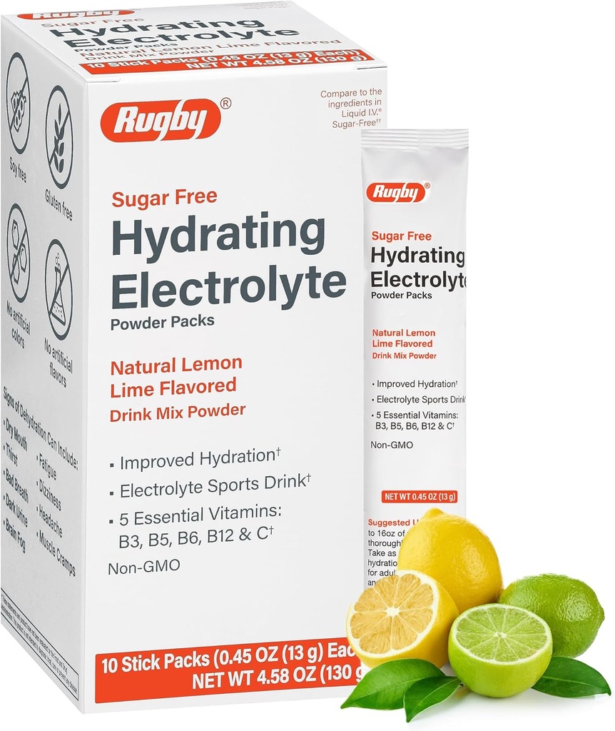 Rugby Sugar-Free Hydrating Electrolyte Powder Packs - 5 비타민을 가진 음료 혼합 분말 패킷 - 향상된 Hydration - 천연 레몬 - 레몬 맛 - 10 스틱 팩 - 0.45 Oz 각 (1 팩)
