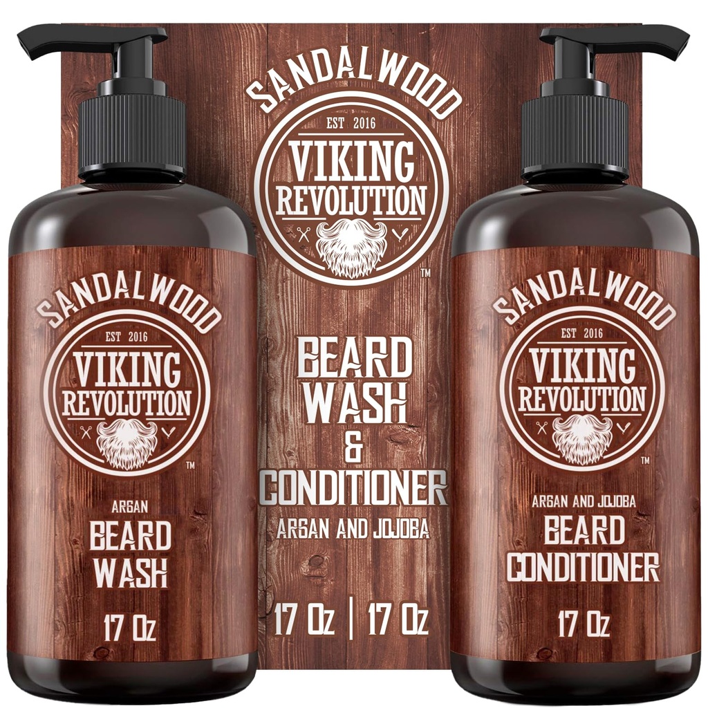 Viking Revolution Beard Wash & Beard 컨디셔너 세트 Argan & Jojoba Oils - Softens and Strengthens - 자연 샌들우드 냄새 - Beard Oil (17 oz)로 샴푸