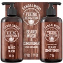 Viking Revolution Beard Wash & Beard 컨디셔너 세트 Argan & Jojoba Oils - Softens and Strengthens - 자연 샌들우드 냄새 - Beard Oil (17 oz)로 샴푸