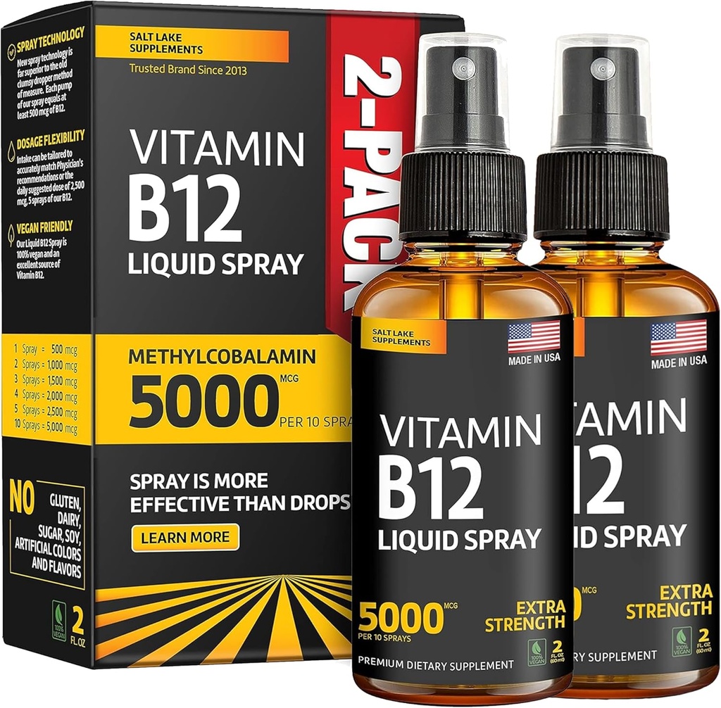 (2 팩) - 액체 B12 스프레이 5000 mcg - 비타민 B12 하위 언어 - Vegan B12 비타민 스프레이 - Methylcobalamin 비타민 B12 액체 부스트 에너지 및 무드 - 글루텐 프리 & 비 GMO