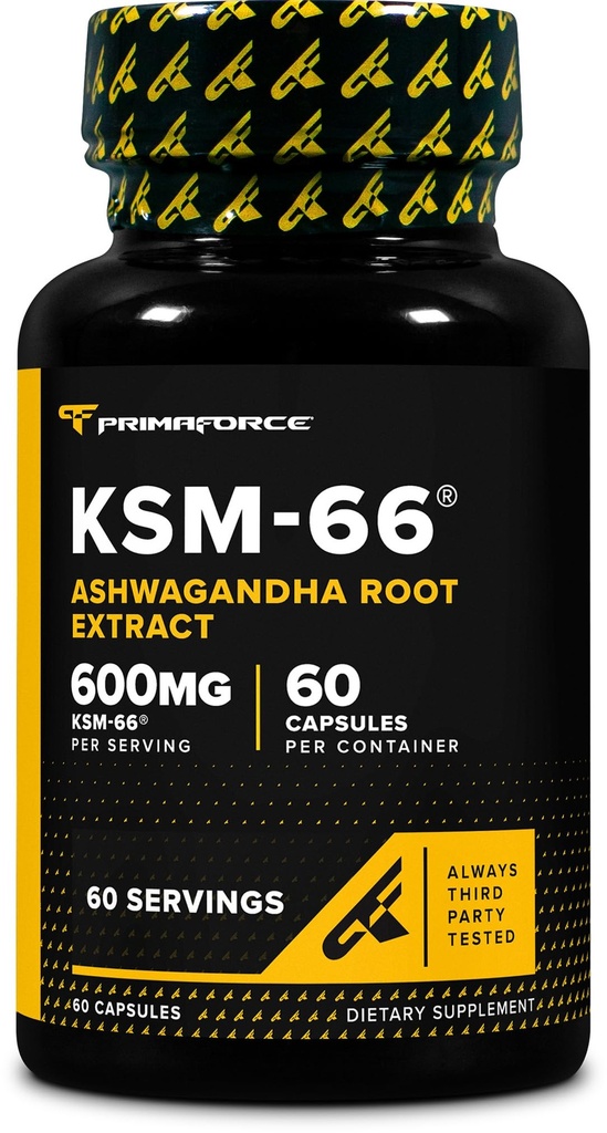 Primaforce KSM-66 Ashwagandha 뿌리 추출물 (600mg) 60 Veggie 캡슐 - BioPerine를 가진 5% Withanolides