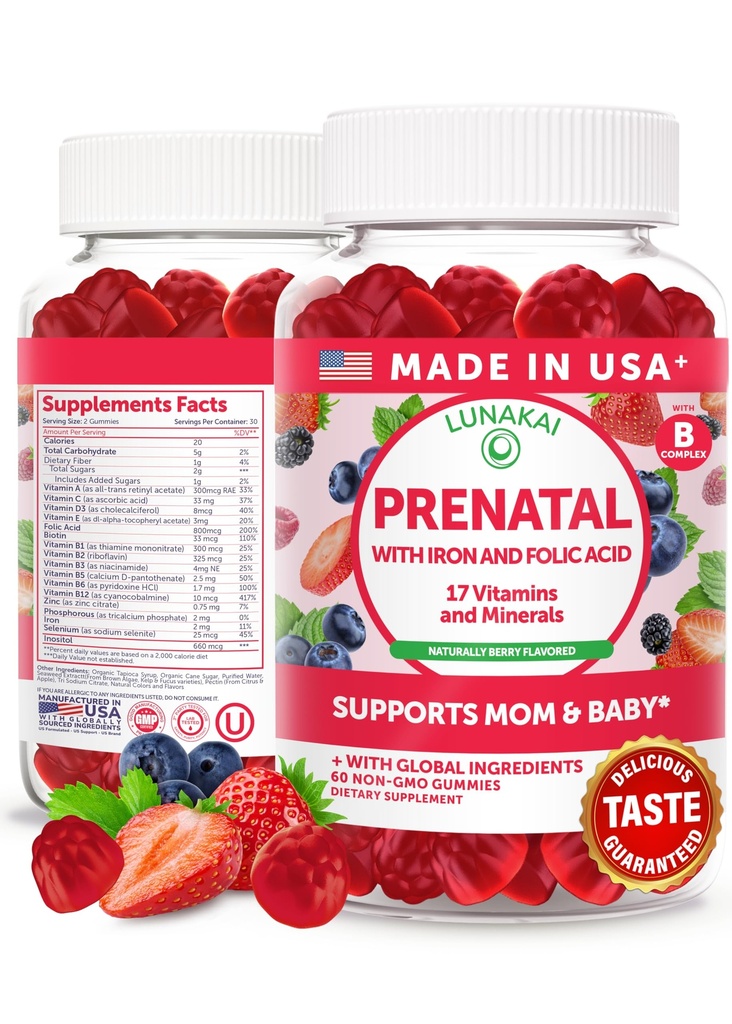 Lunakai USA Made Prenatal Vitamin with Iron & Folic Acid - 여성을위한 맛있는 임신 Multivitamin Gummies, 60 개