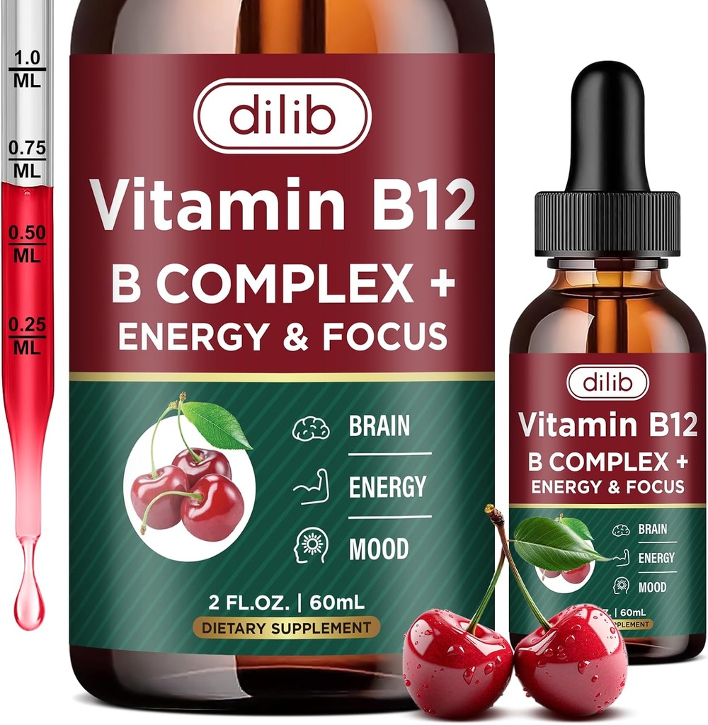 비타민 B12 복합 5000 mcg | Vegan B12 액체 드롭 서브 언어 보충 | Methylcobalamin w/Folate, Biotin, 비타민 C, B3, B5, B6, & B8 긴 지속 에너지 및 건강한 대사, 2 fl. oz.