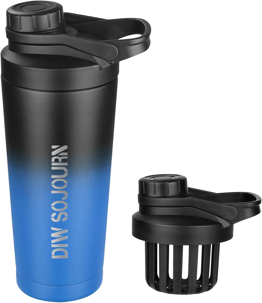 DIW 24 oz 셰이커 병, 소음 자유로운 디자인을 가진 스테인리스 혼합 병, 단백질 혼합을 위한 격리된 금속 셰이커 컵 및 전 운동, 체육관 컵 셰이커 (Black&Blue)