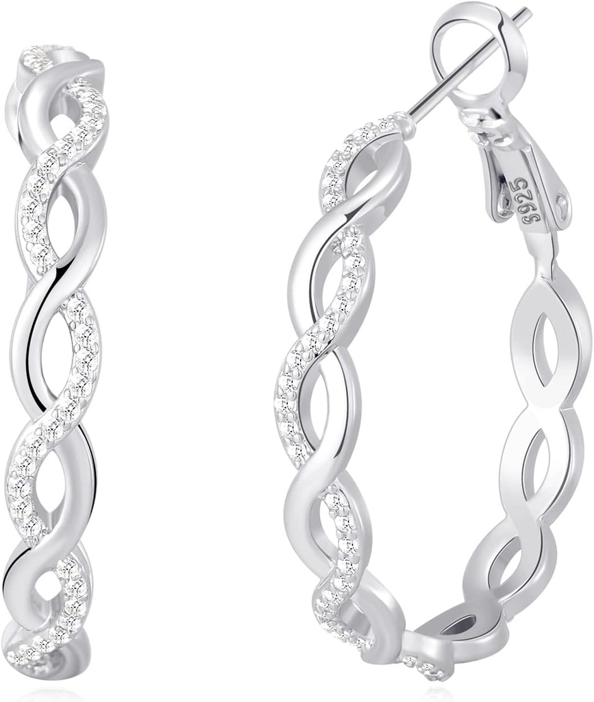 Senteria 925 스털링 실버 귀걸이 여자 경량 트위스트 Hoop 귀걸이 Cubic Zirconia Hypoallergenic Hoops 귀걸이 (20/30/40/50/60MM)