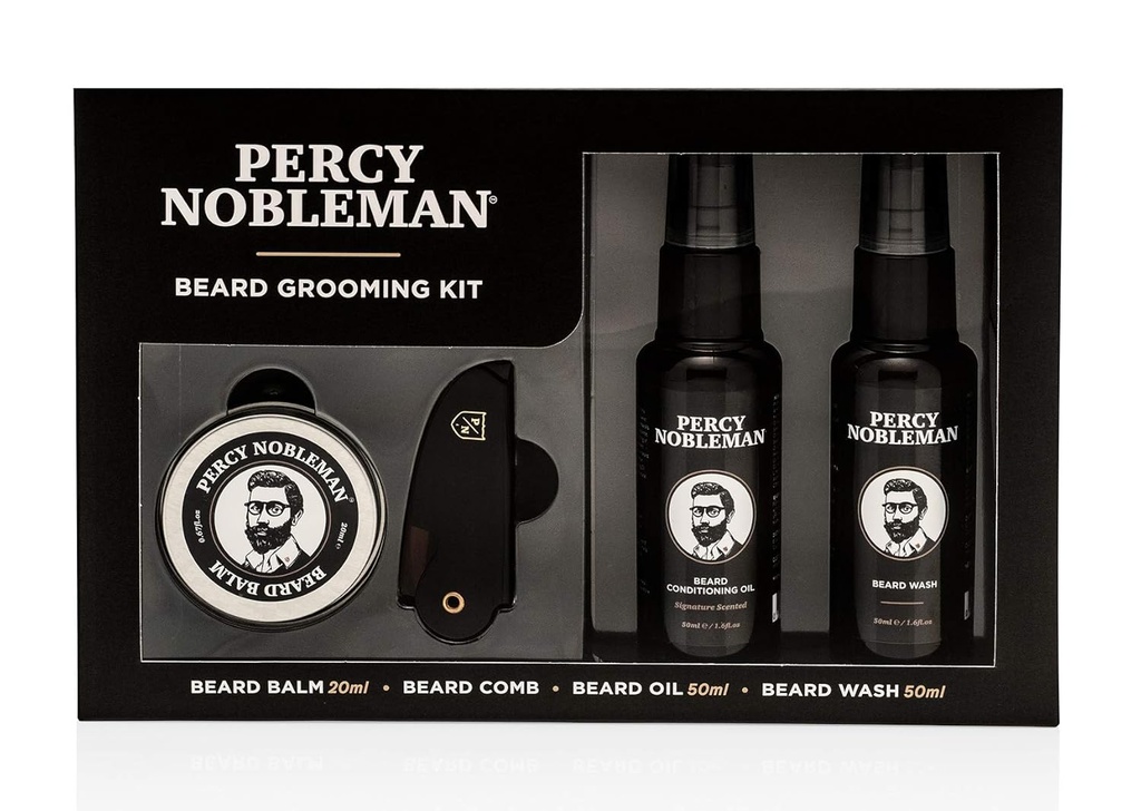 Percy Nobleman Beard Grooming Kit - 시그니처 향유 50ml, 워시 50ml, Balm 20ml 및 빗