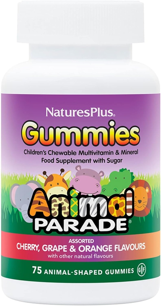 NaturesPlus Animal Parade Source of Life Gummies - 자연적인 오렌지, 포도 및 벚꽃 맛 - 75 동물 모양의 Gummies - 전체 음식 Kid 's Multivitamin - 글루텐 - 무료 - 37 서빙