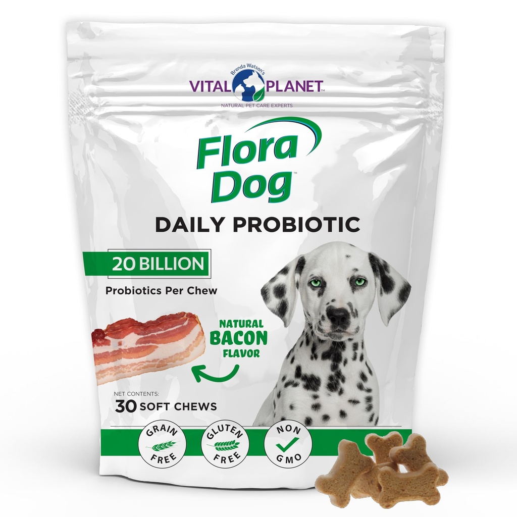Vital Planet - Flora Dog Probiotics, Dog Chews Supplement with 20 억 문화와 11 개의 Strains, Immune 및 Digestive Support Chewable Probiotics for Dogs, 30 개의 천연 Bacon 맛 부드러운 Chews
