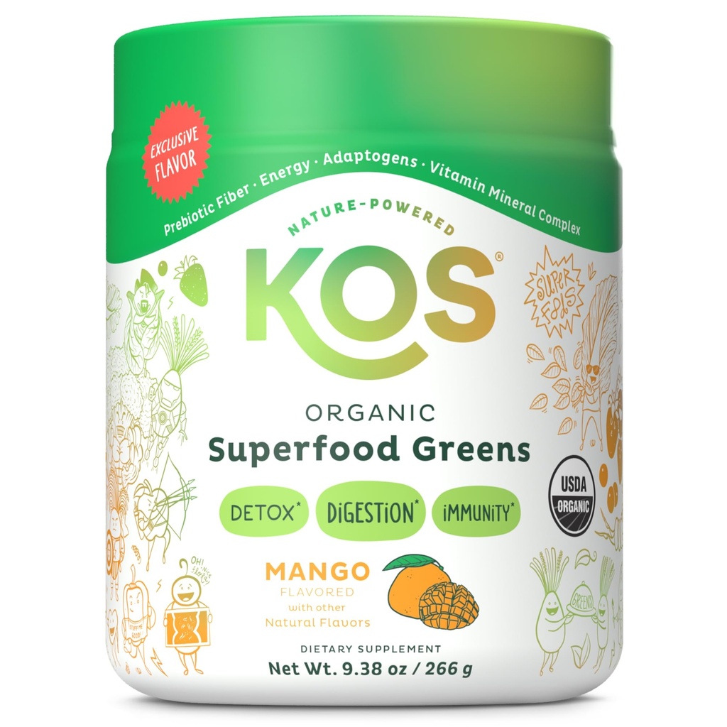 KOS Organic Superfood Greens Powder - Prebiotic Fiber, Supergreens 및 Adaptogens의 Gut Health - GMP 인증 시설로 만들어진 USDA 인증 유기농 - 28 인스 망고