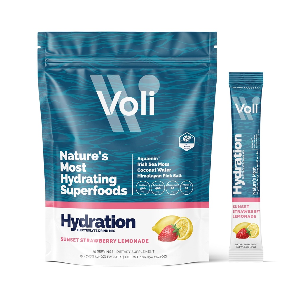 Voli Electrolytes Powder Packets | 습식 설탕 전해질 음료 믹스 포함 | Keto & Fasting Friendly, Natural Superfood & Minerals | Strawberry Lemonade, 15-Count