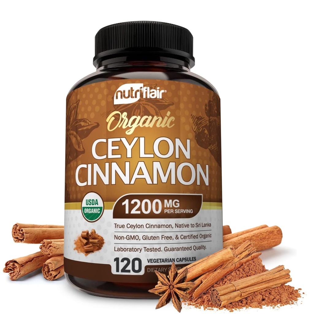 NutriFlair 유기 Ceylon 계피 보충교재 1200mg의 120의 캡슐 - 증명되는 USDA - 비 GMO, 글루텐 자유로운 분말, 산화 방지제 알약