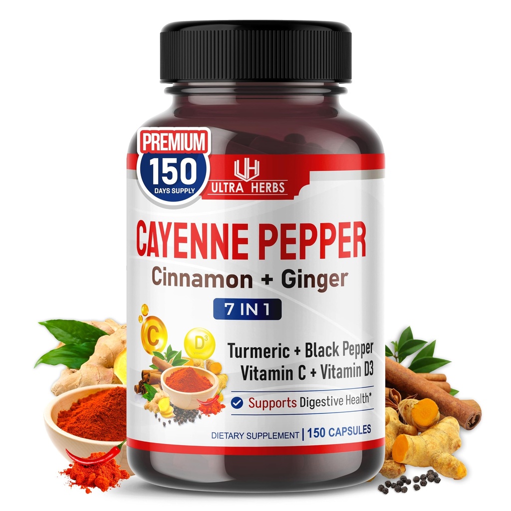 Cayenne Pepper 7 in 1 - - Ginger, Turmeric, Cinnamon, Black Pepper와 함께 - 소화 시스템 기능을 홍보 (150 일 공급 (팩 1)))