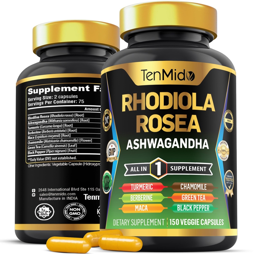Rhodiola Rosea Supplement - 8in1 공식 - Ashwagandha, Turmeric, Berberine, Maca, Chamomile, Green Tea 및 Black Pepper와 결합 - Nutrient Rich - 150 Vegan 캡슐