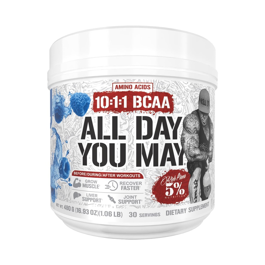 5% 영양 풍부한 피아나 AllDayYouMay BCAA 분말 | 프리미엄 인트라 & 포스트 운동 아미노산, EAA, 일렉트로트로트 | 히드라이즈, 내구시간, 회복 | Vegan & Keto | 16.4 oz, 30 Srvgs (블루 라즈베리)