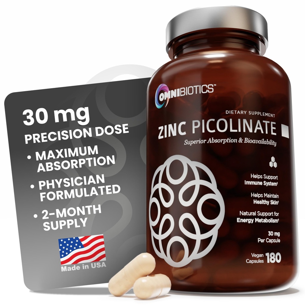 OmniBiotics 아연 Picolinate 30mg 보충교재 – 면역 체계, 건강한 피부를 위한 높은 흡수 아연, 및 에너지 지원 – 180 Vegan 캡슐